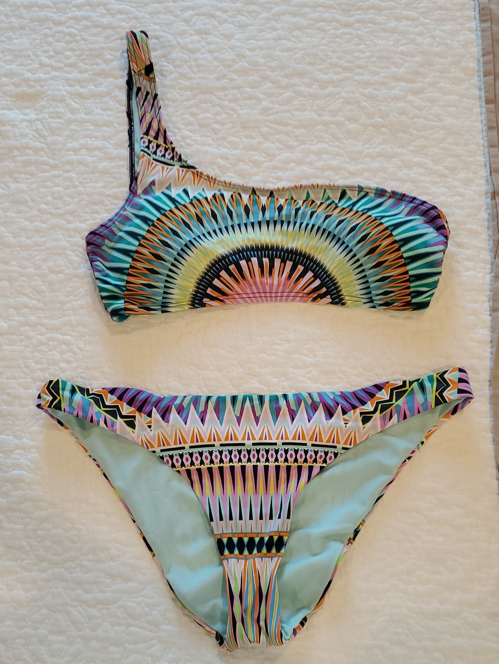 Bar III Multicolor Giometrical One Shoulder Bikini Set